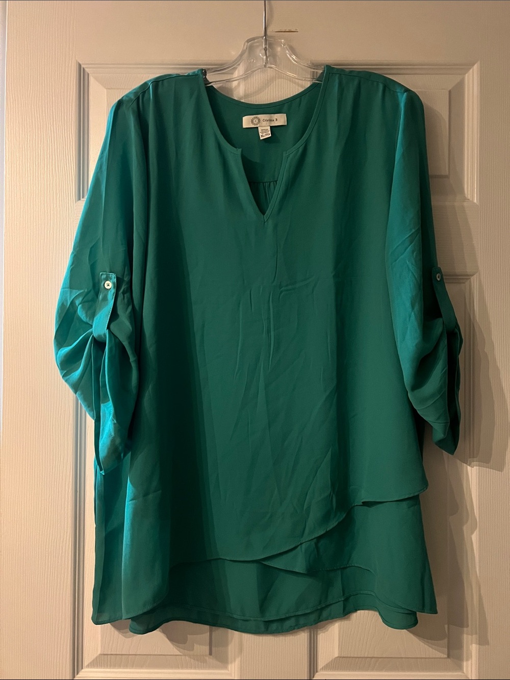 Cristina B Teal V-Neck Layered Roll-Tab Tunic